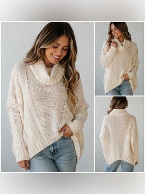 Moda International Cream Cable-Knit Cowl Sweater